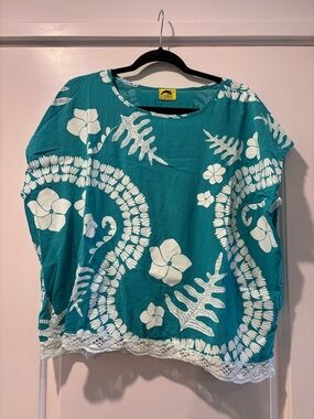 Teal Floral Crochet-Hem Women's Blouse
